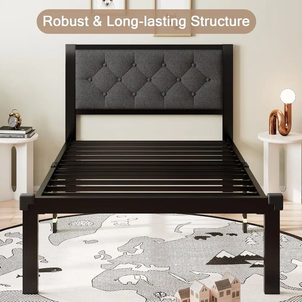 12 Metal Platform Bed Frame with Linen Headboard, Button Tufted, Dark Grey, No Box Spring, Storage Included
