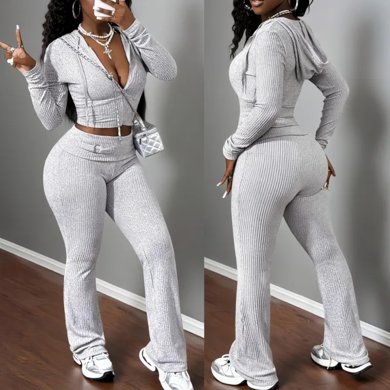 

FAGADOER Winter New Fashion Ribbing Woman 2 Piece Set Outfit Solid Color Long Sleeves Crop Top and Skiny Pants Female Streetwear