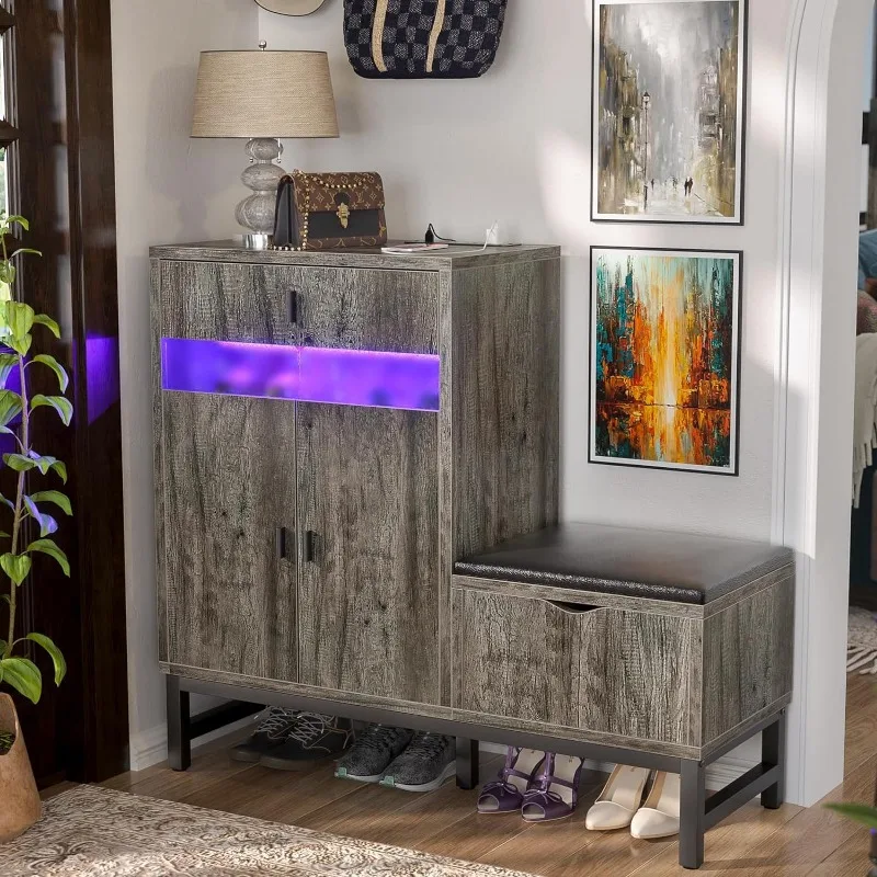 Shoe Cabinet Storage for Entryway - Freestanding Shoe Rack Bench with LED Lights & Power Outlets, Reversible Shoe Storage