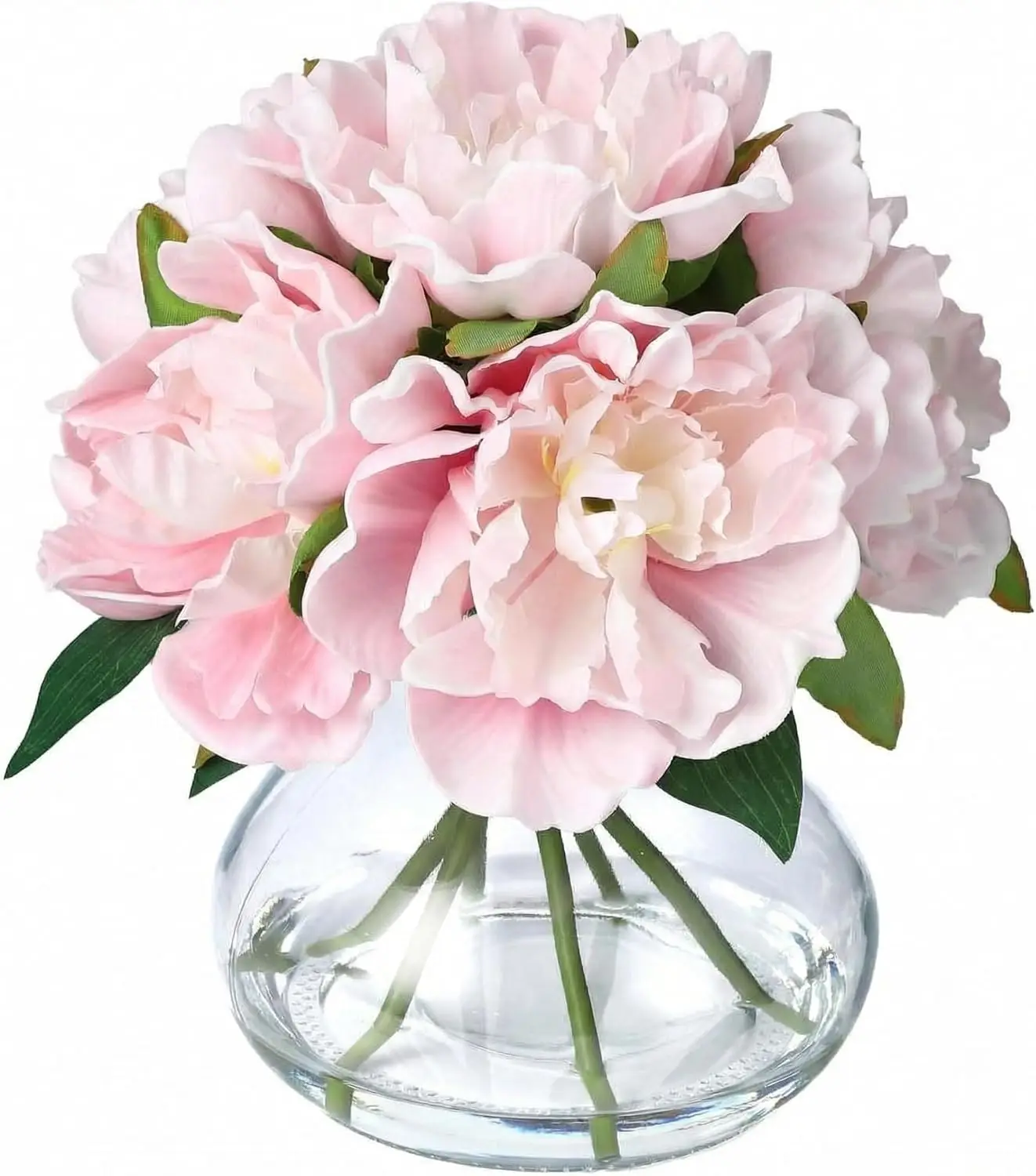 

Pink Peonies Artificial Flowers with Glass Vase, Silk Faux Peony Flower Arrangement with Faux Water, Fake Flowers in Vas