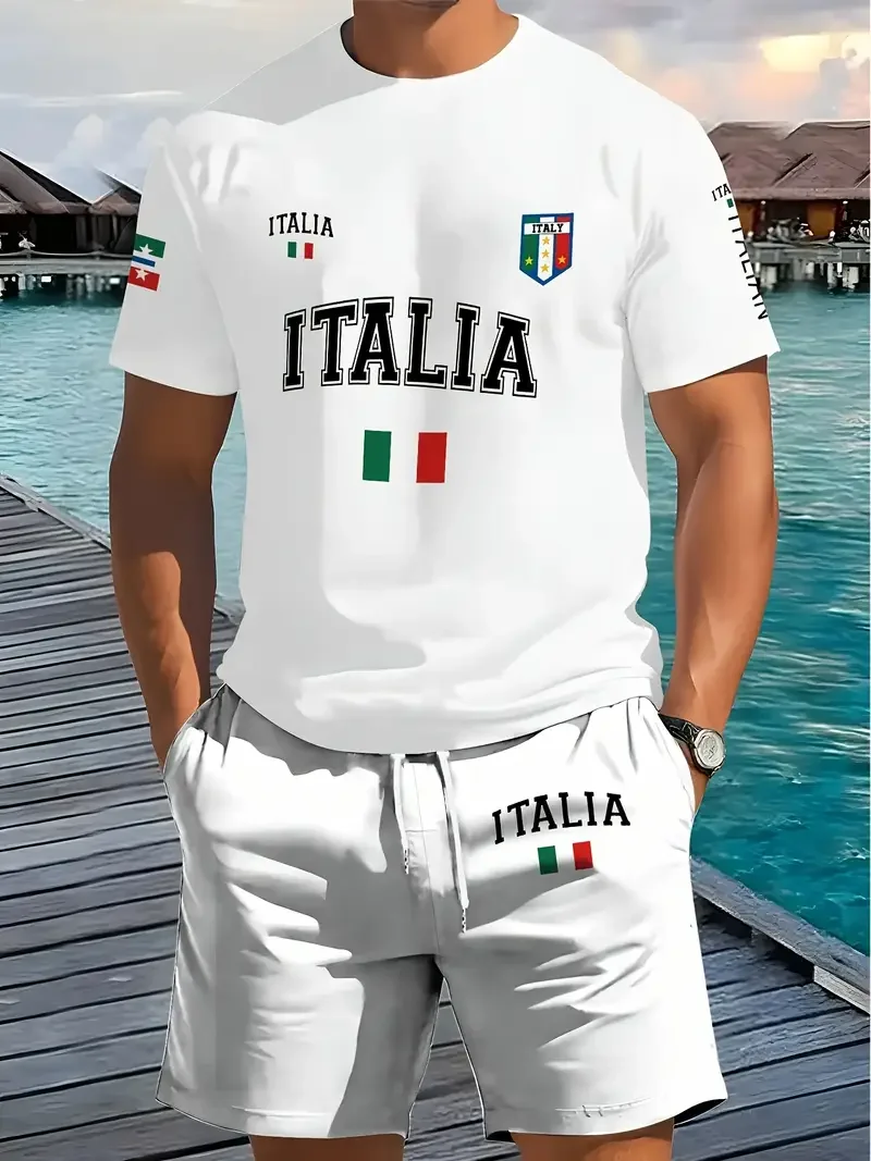 

2025-26 Summer New Hot-selling Trend Fashion 3D Printing Design American Street Comfortable Casual Men's T-shirt Shorts Set