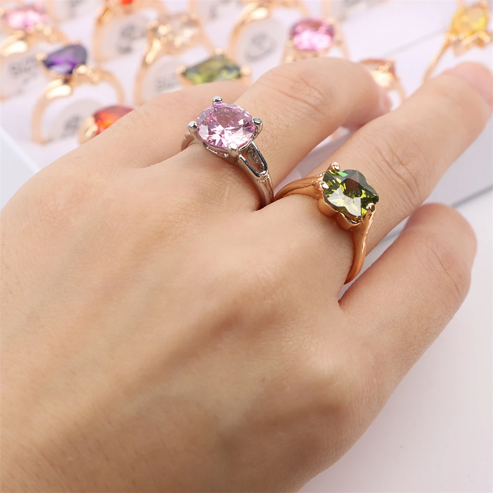 10Pcs/Lot Fashion Colorful Real Zircon Stainless Steel Ring For Women Mix Style Exquisite Wedding Engagement Jewelry Gift