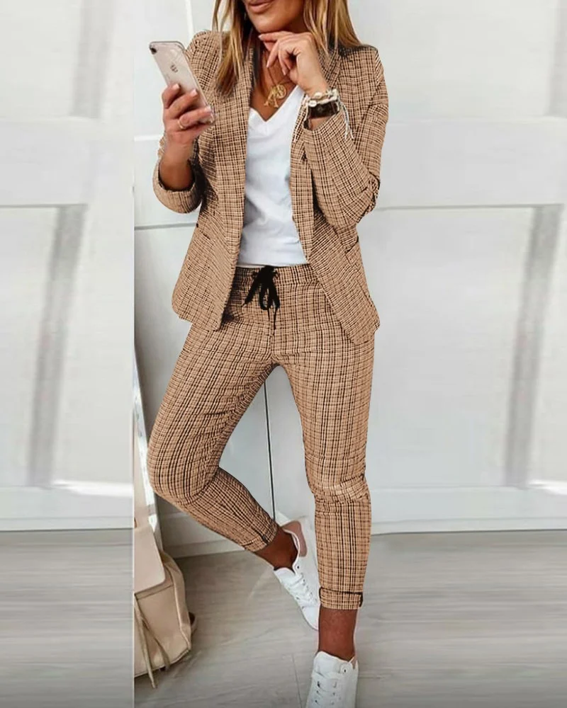 2022 New Elegant Plaid Two-pieces Women Blazer Casual Streetwear Suits Female Blazer Set Chic Office Ladies Women Coat Suit