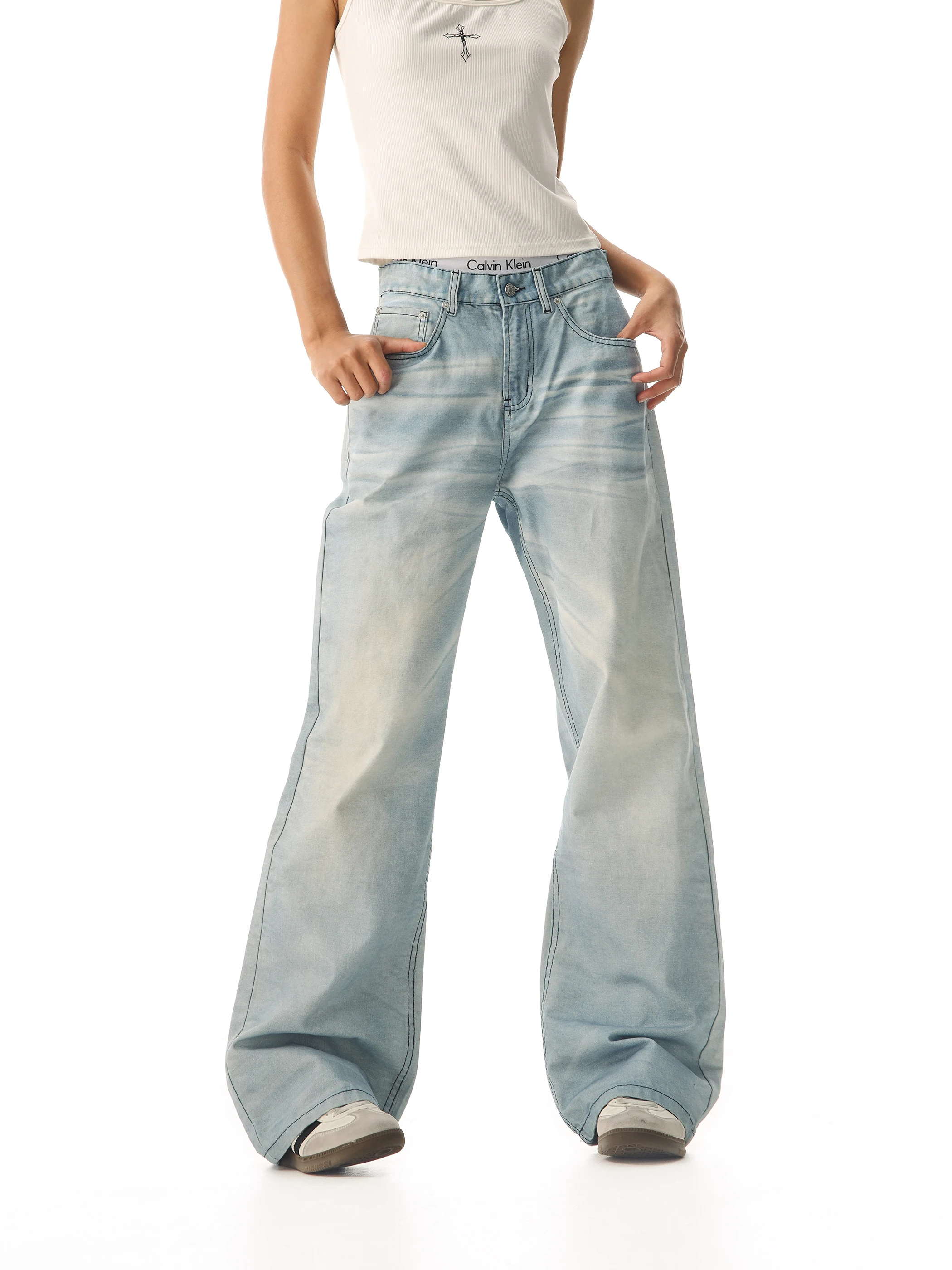 

Винтажные белые джинсы с эффектом потертости, прямые, женские, с высокой талией, утягивающие, повседневные, длинные брюки в стиле Биер Капитан Америка