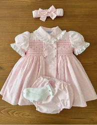 0-12Y Baby Girl Summer Pink Handmade Embroidery Smocked Dress With Pants for Eid Birthday Party Holiday Photography Casual A186