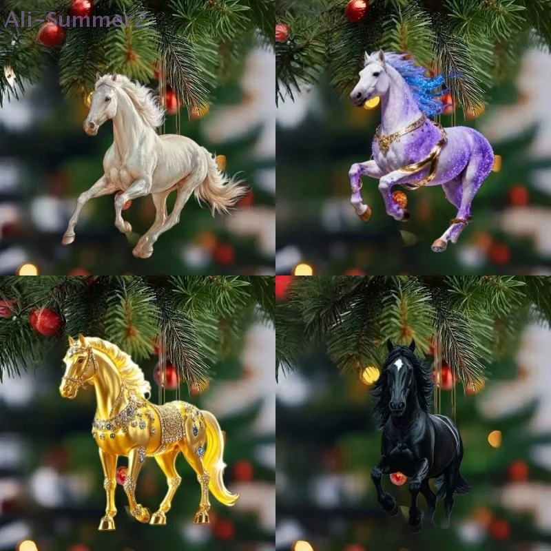 

{MX} Multi-Color 2D Acrylic Horse Pendant Car Rearview Christmas Tree Hanging Ornament Mirror Pendant New Year Party Decoration