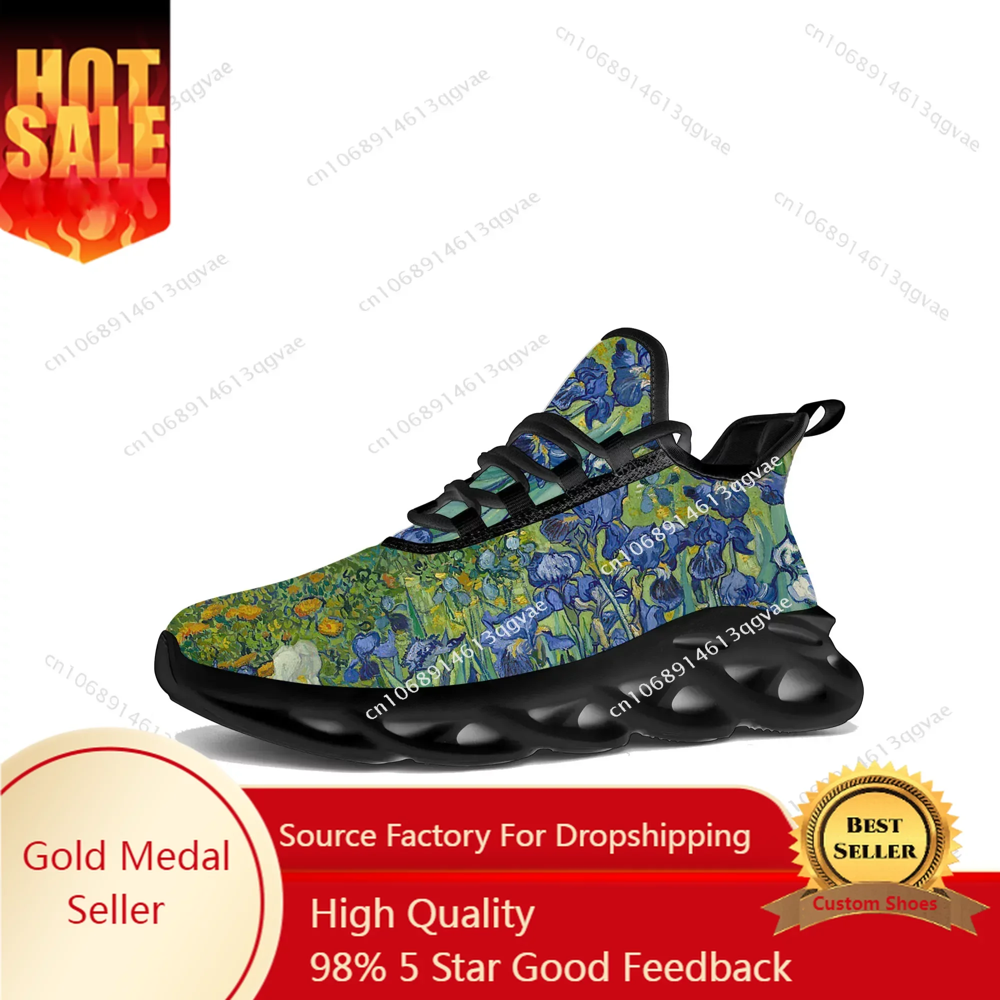 

Van Gogh Iris Flower Flats Sneakers Mens Womens Sports Running High Quality Sneaker Lace Up Mesh Footwear Tailor-made Shoe Black