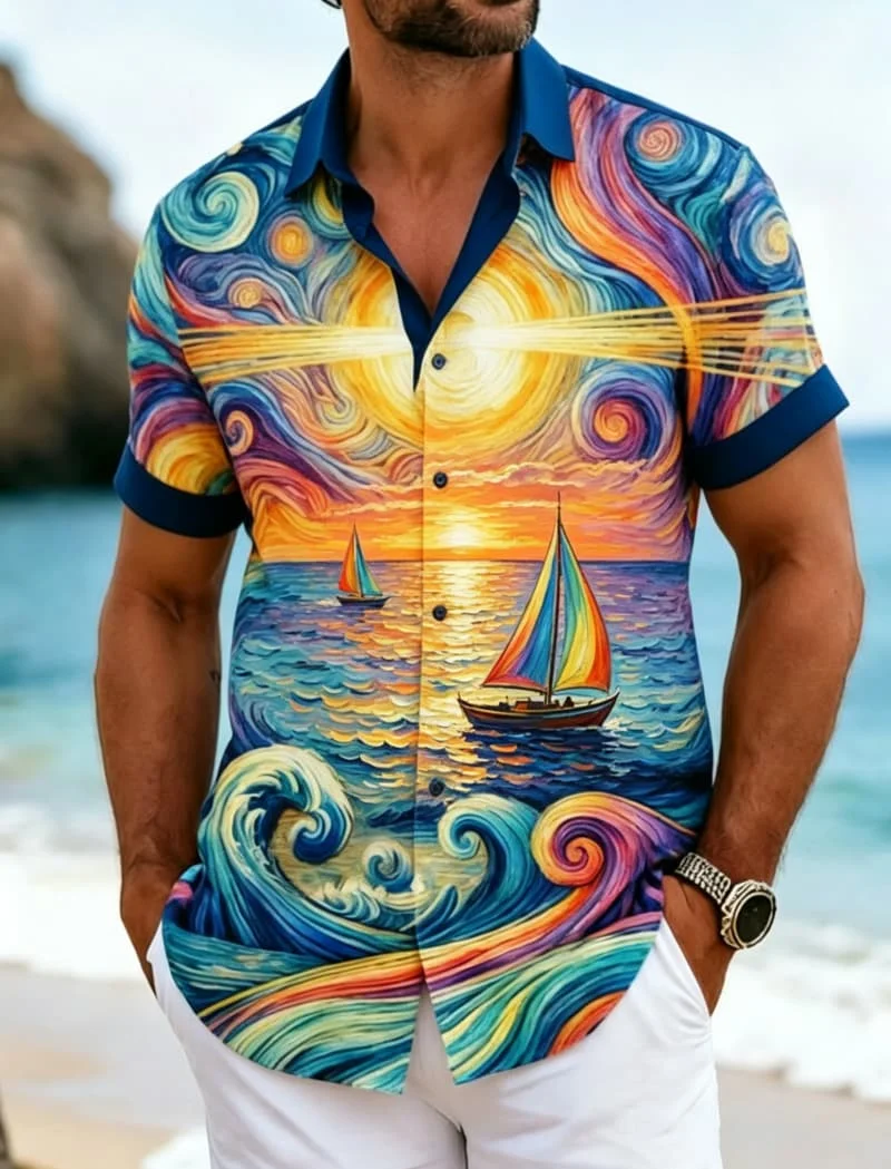 

Men's Casual Starry Night Print Shirt, Dynamic Art Style for Summer Getaways, Beachwear, Office Casual & Street Fashion