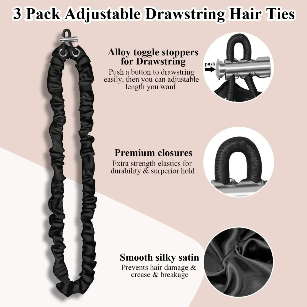 3Pcs Adjustable Extra Length Scrunchie Elastic Tie Hair Rope No Slip Silky Satin Hair Loop Rubber Band for Girl Thick Curly Hair