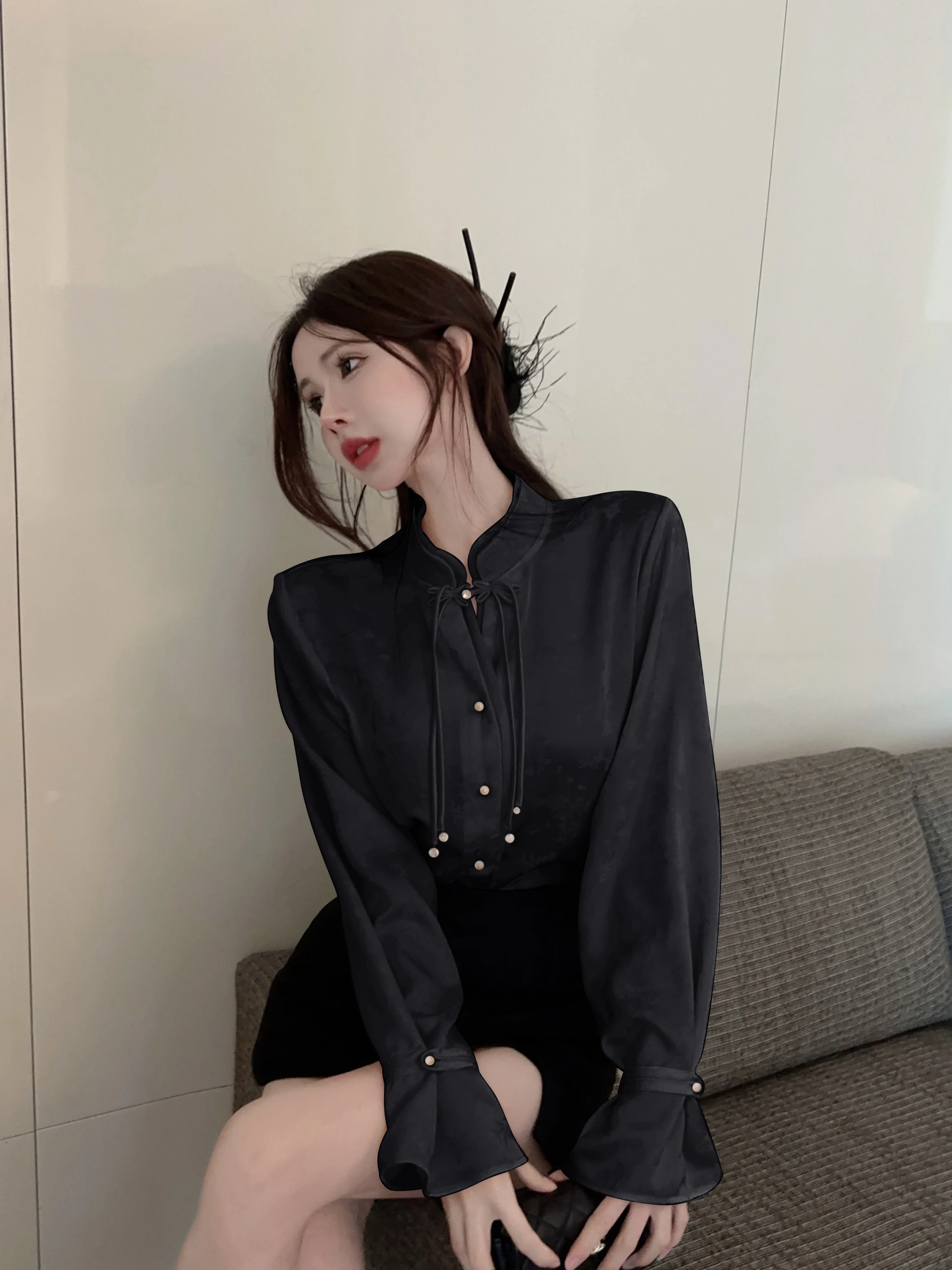 Ele solto chinês sle irt com sves queimados e botão detalhando bordado floral design commute faion top feminino