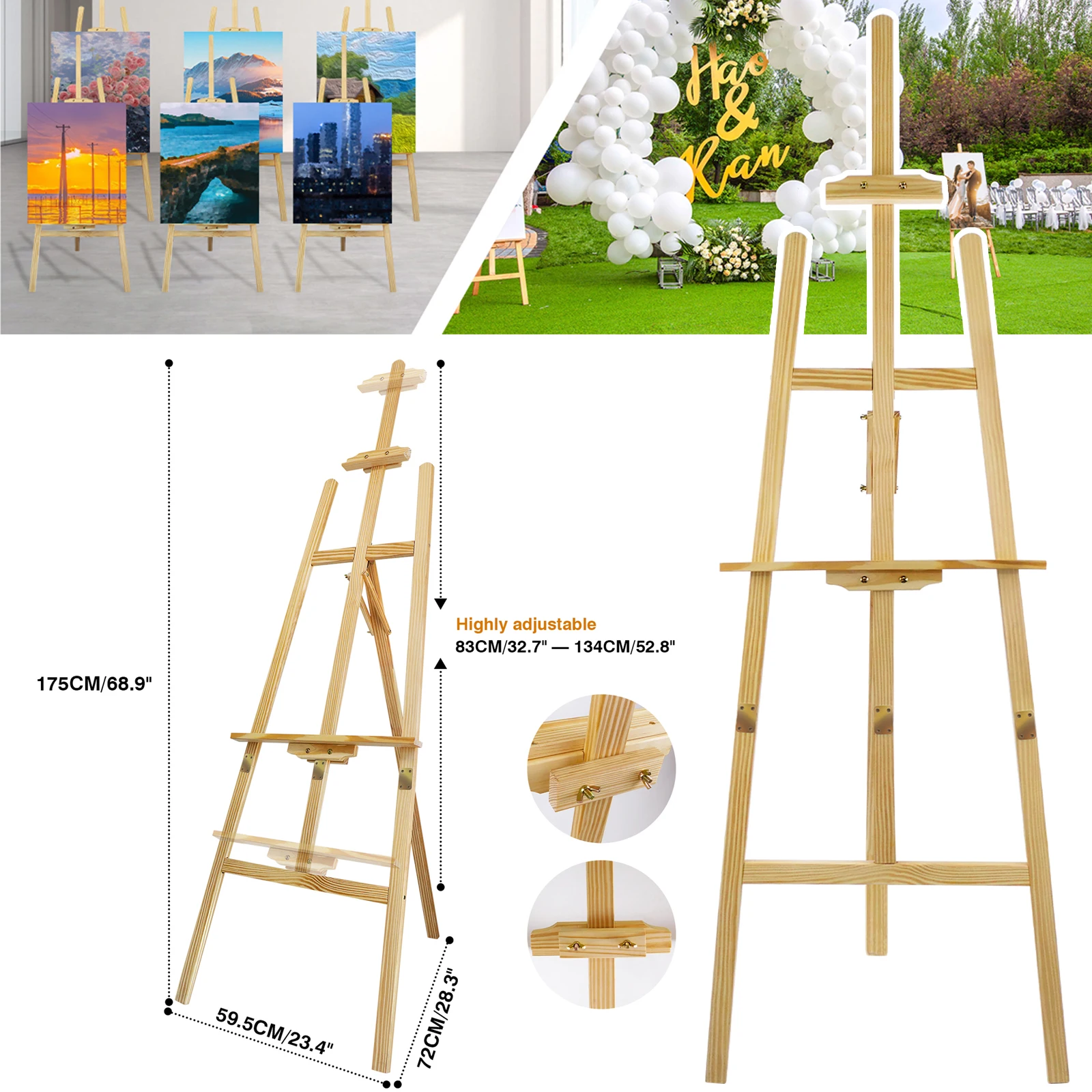 Caballete de estudio de madera de pino plegable tipo A de 1.75M/69 pulgadas, ajustable para exhibición de arte, manualidades, bodas y dibujo