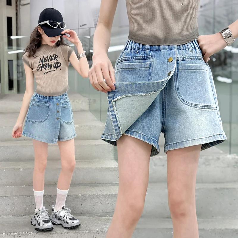 Stylish Kids Child Fashion Summer Denim Culottes Mini Skirt Shorts for Teens Girls Casual Jeans Shorts under the Skirt Age 5-14Y