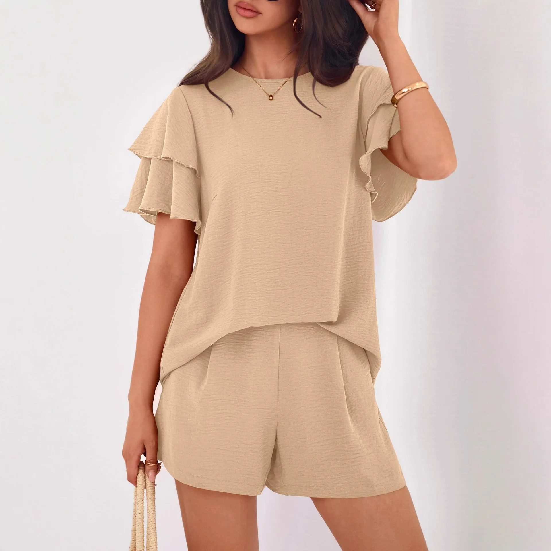 

Summer New Shorts 2-piece Set Fashioncasual Two-piece Round Neck Short-sleeved Shorts Suit Female Solid Color Casual Sports Set