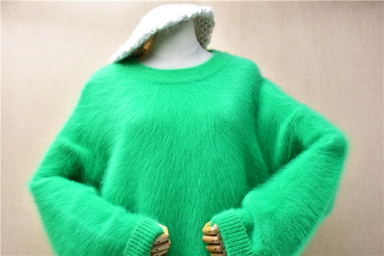 Women Mujer Autumn Winter Thick Warm Green Hairy Mink Cashmere Knitted O-Neck Long Sleeves Loose Pullover Sweater Jumper Pull