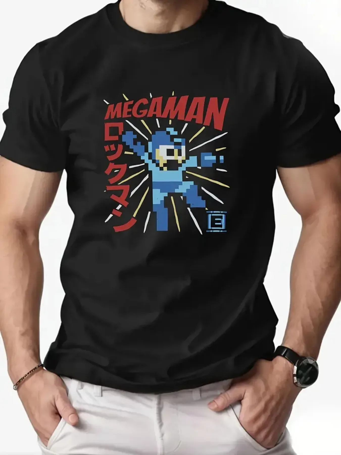 Camiseta masculina retrô megaman gráfico azul marinho casual manga curta com design de arte de pixel vibrante respirável verão top caminhadas