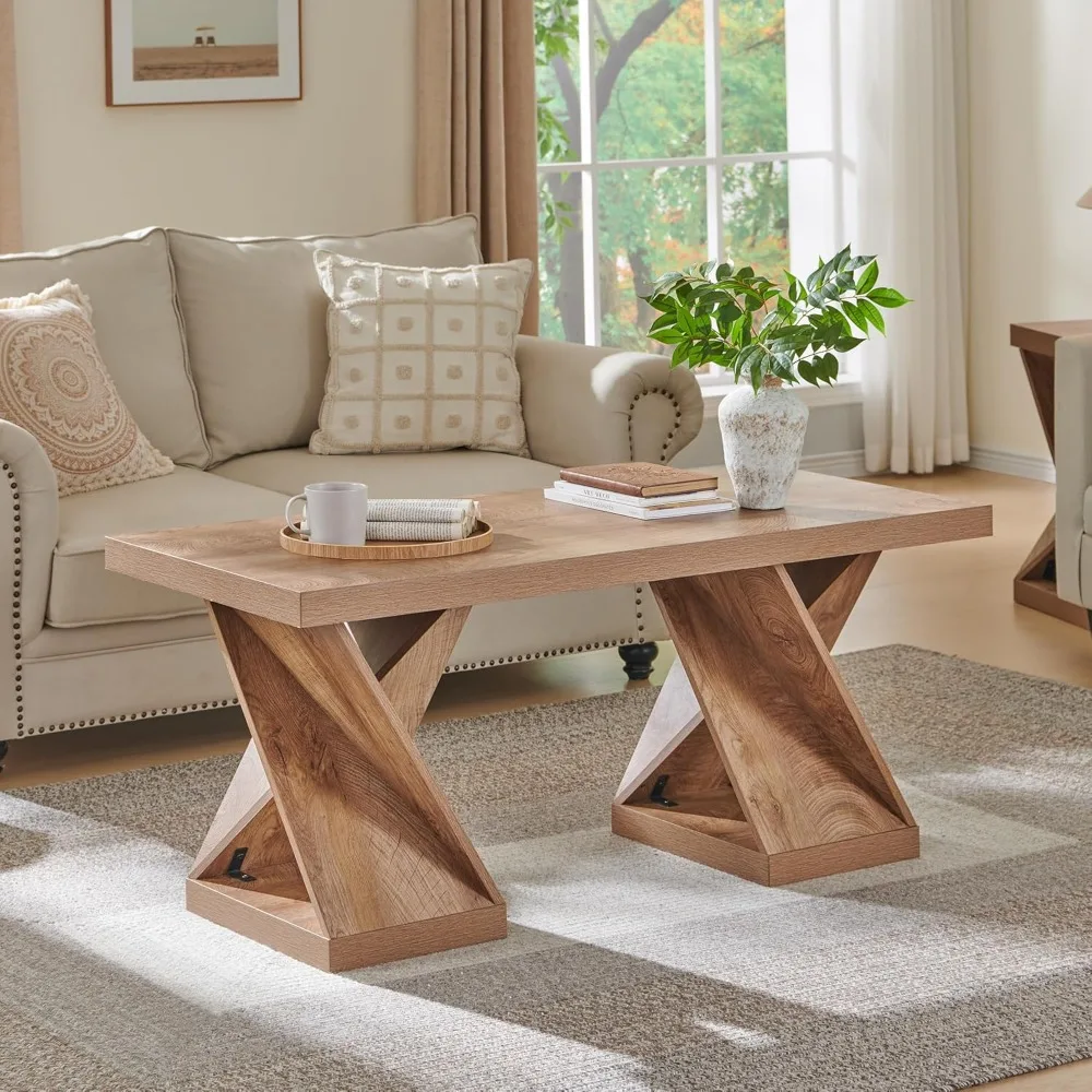 Coffee Table, 48 Twisted Center Table with Wood Thickened Pedestal, Rectangular Rustic Living Room Table, Farmhouse S