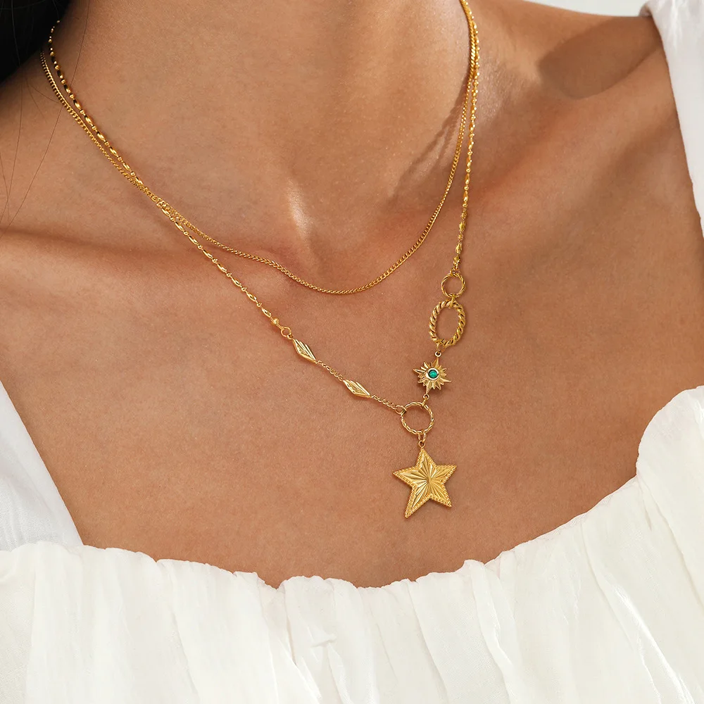 

European & American Trendy 14K Gold Plated Double-Layer Five-Pointed Star Stainless Steel Necklace - Women's Ins Style