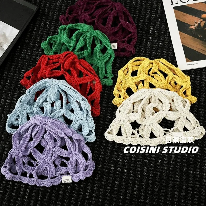 Niche Handmade Crochet Hollow Breathable Pullover Hat for Women Spring and Summer Outdoor Street Fashion Bowler Beanie Caps