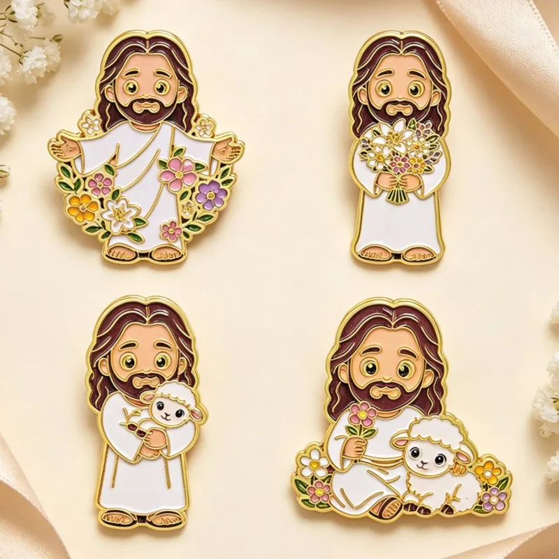 Religious Floral Shepherd Figure Enamel Pin Lamb Flower Lapel Badge Jacket Backpack Hat Decor Faith Inspired Brooch Present