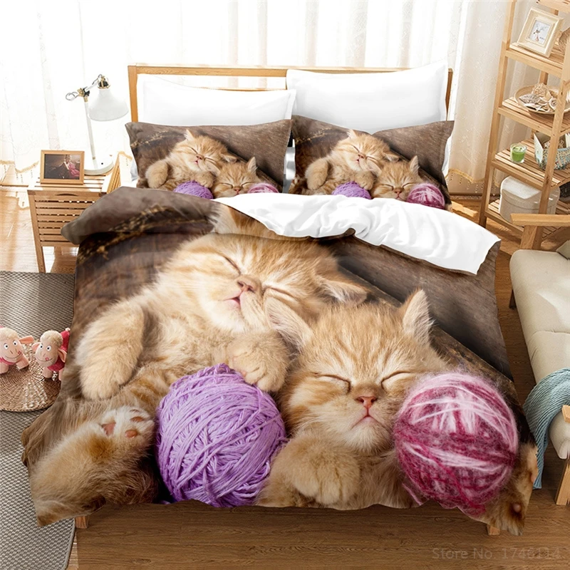 Lovely Cat Pet Dog Animal 3D Print Bedding Set 2/3pcs Duvet Cover with Pillowcase Set Home Textile for Kids Adults Bedroom Gift