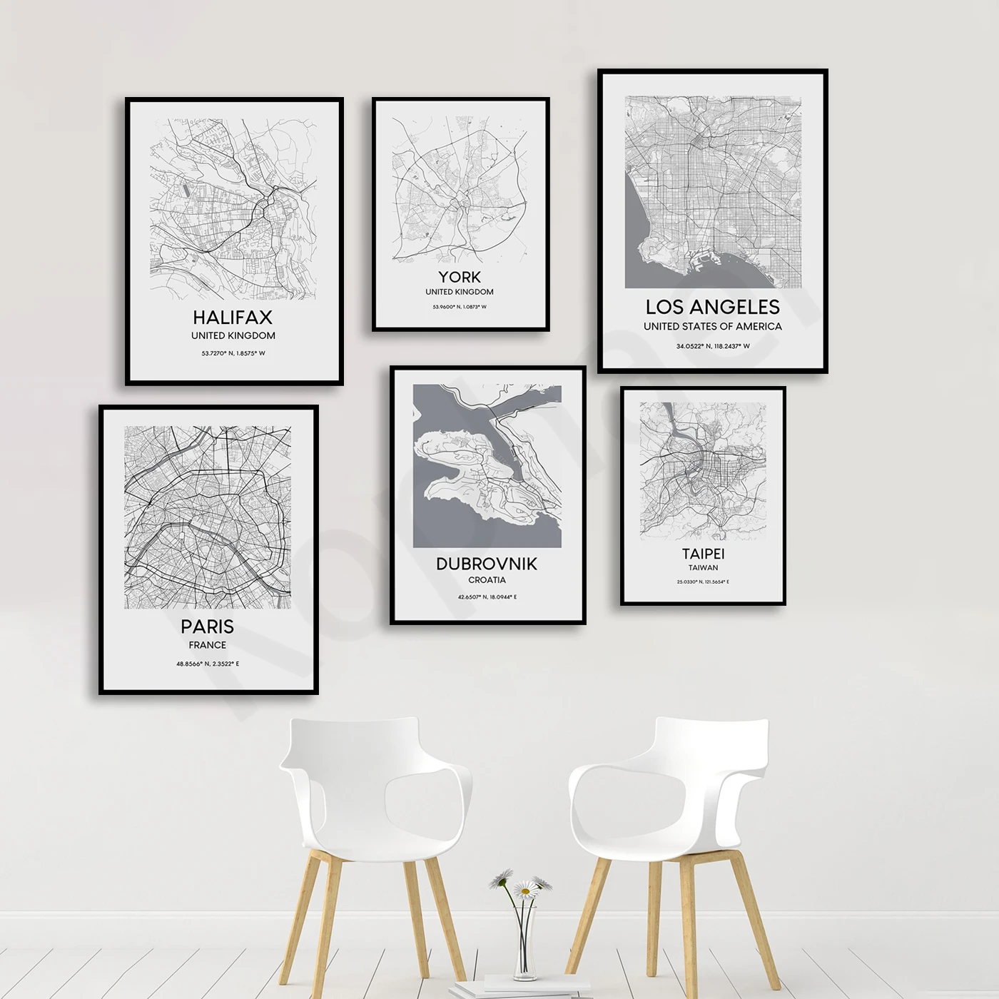 Dallas Taipei Dubrovnik Barcelona Paris York Calgary Los Angeles Turin Halifax Hartlepool Nottingham . City Travel Map Poster