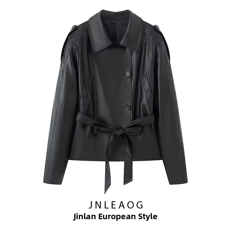 

JNLEAOG Autumn New Faionable Women's ort Long Sve Faux Leather Windbreaker Design Versatile Polyester Stand Fit Coat
