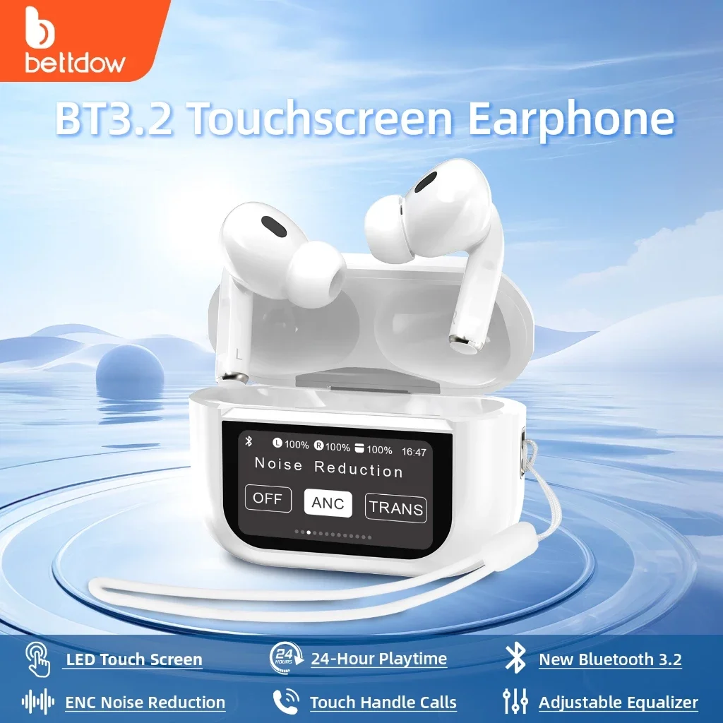 Bettdow Fone de ouvido LCD Touch Screen ANC TWS Bluetooth Headset Touchscreen V5.4 Tela inteligente Redução de ruído ativa