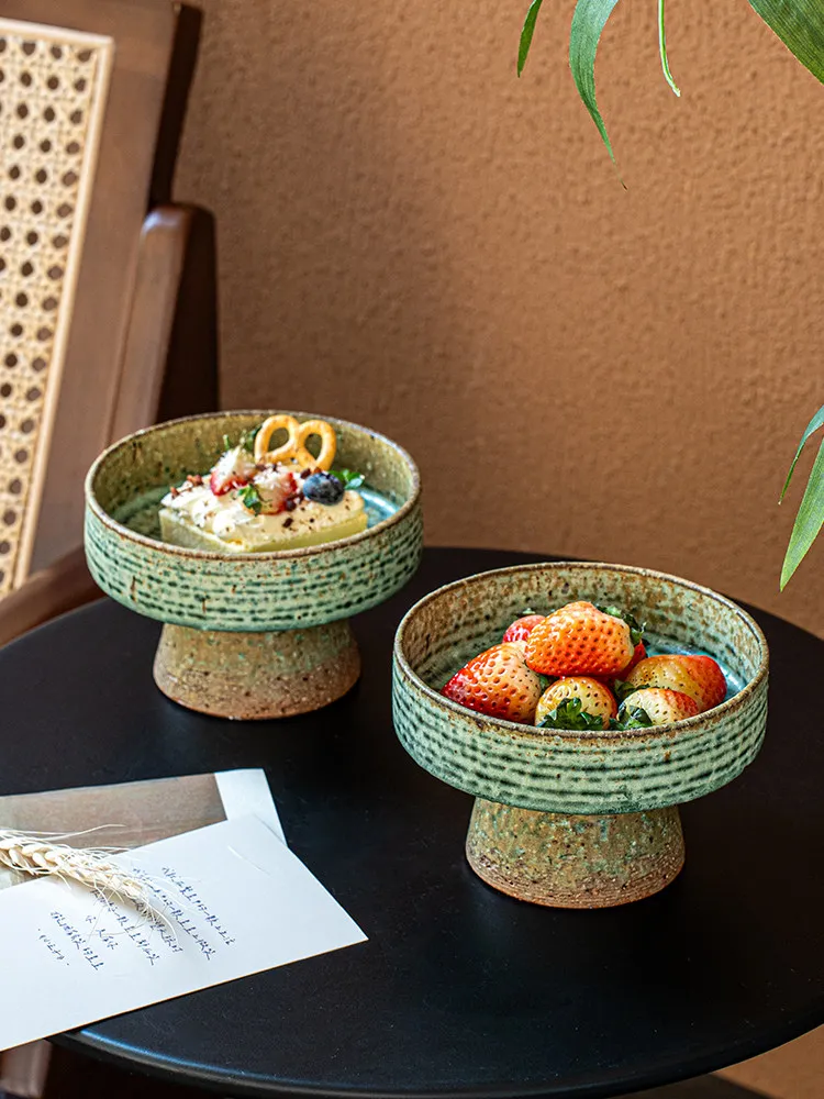 5-Inch Handmade Coarse Pottery Tall Fruit Plate Chinese Tea Point Plate Ceramic Snack Plate