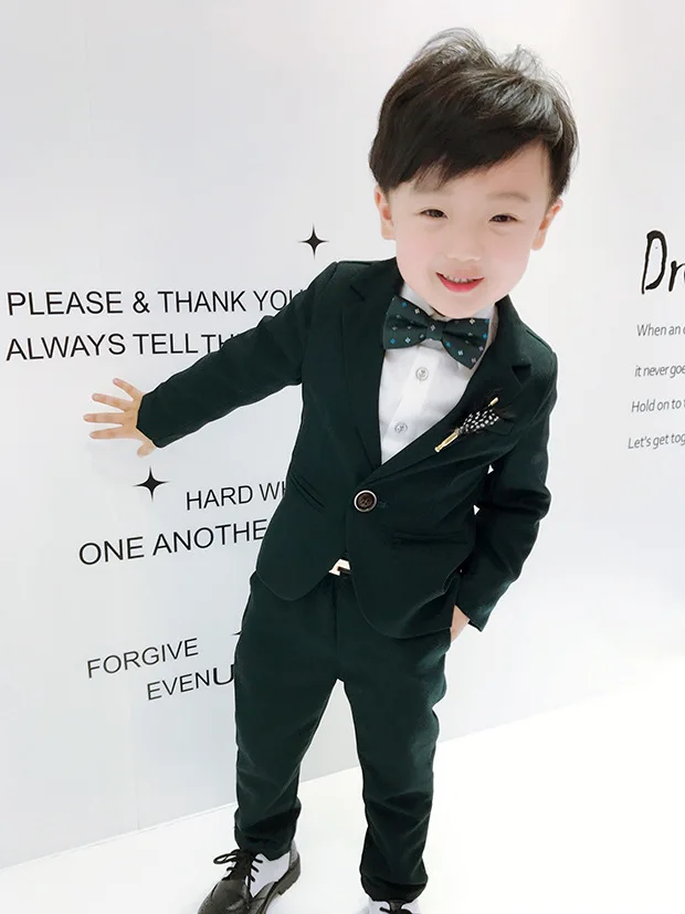 Flower Boys Wedding Dress Kids Dark Green Slim Blazer Photography Suit Children Piano Performance Ceremony Graduation Costume