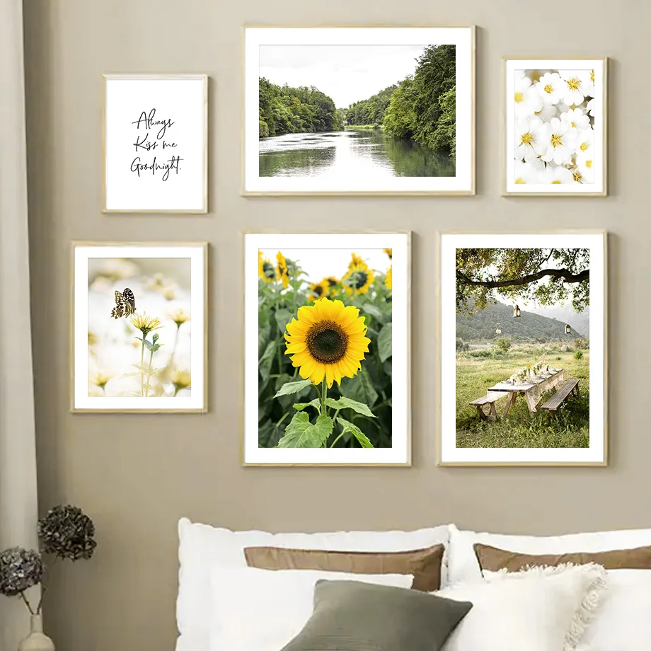 Natural Sunflower Daisy Flower Lake Path Wall Art Canvas Painting Nordic Posters And Prints Wall Pictures For Living Room Decor