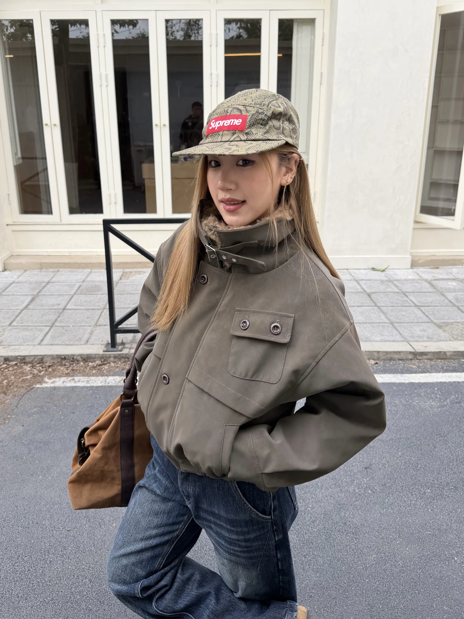 

Detachable Fur Collar Jaet Loose Women's Cotton Padded Coat Street Sle Casual Long Sve Zipper Closure Color