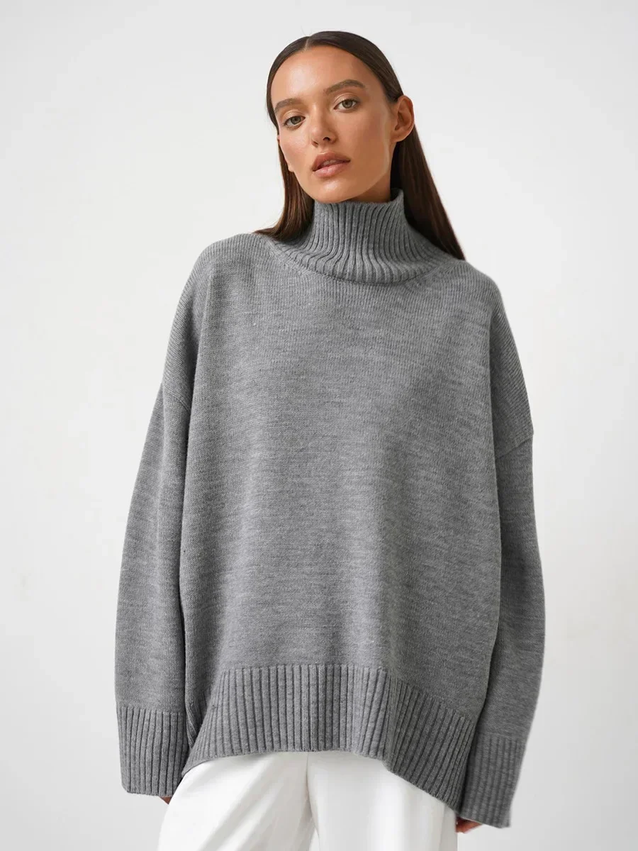 Otoño Invierno mujer suéter de cuello alto de gran tamaño Casual cálido sólido básico suelto Jersey de punto