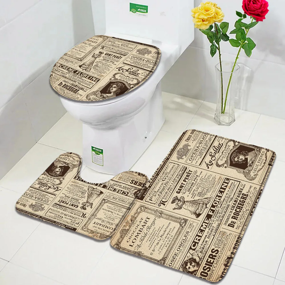 Vintage Old Newspaper Bath Mats Set Bathroom Rules French Paris Tower Skull Retro Door Rug Home Decor Anti-Slip Toilet Cover Mat