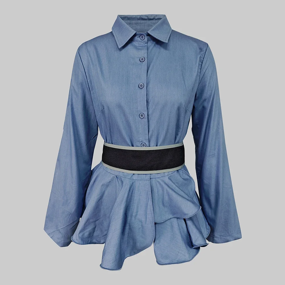 Modigirl Fall Spring Women‘s Vintage Blouses 2024 Buttoned Ruffled Lapel with Belted Long Sleeves England Shirts Tops for Women