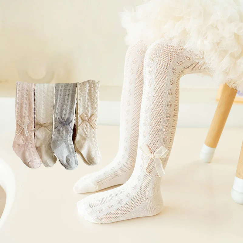 MILANCEL New Summer Kids Pantyhose 1-8T Solid Color Bow Baby Girls Leggings Thin Mesh Ventilation Children's Tights