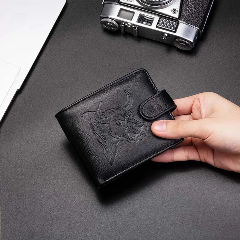 Portafoglio orizzontale da uomo in PU Posizione multipla per carte Portamonete leggero Porta biglietti da visita con bottone a pressione con stampa di moda