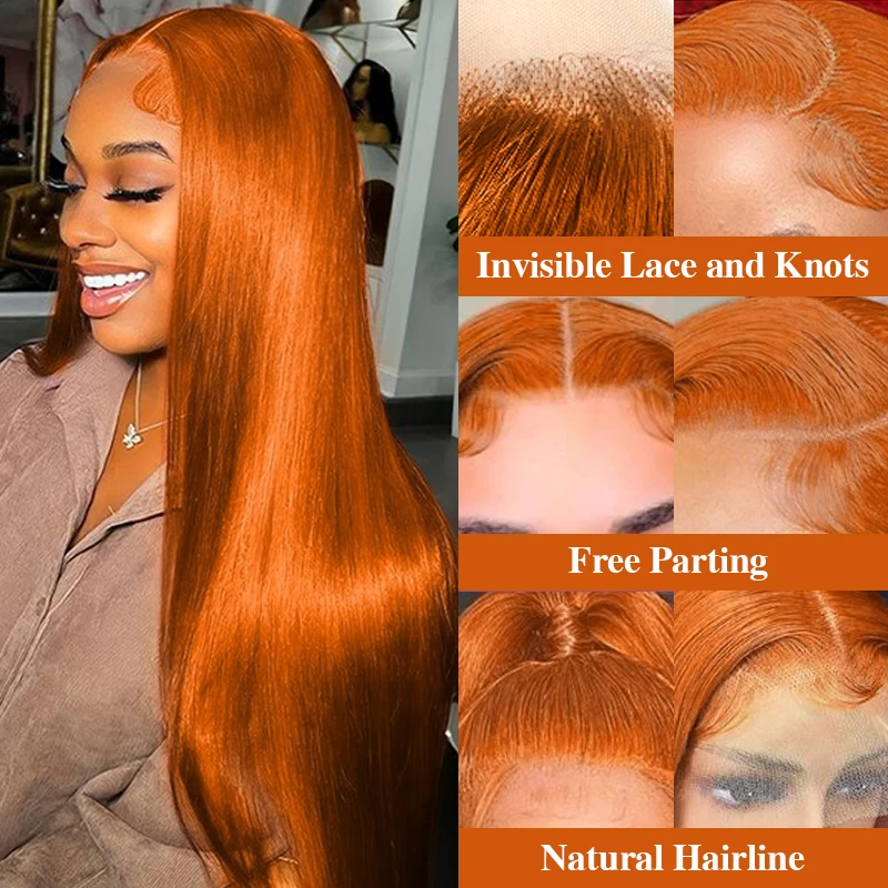 Pelucas delanteras de encaje naranja jengibre de 38 pulgadas cabello humano 13X6 180% densidad brasileño HD peluca Frontal de encaje recto transparente cabello humano
