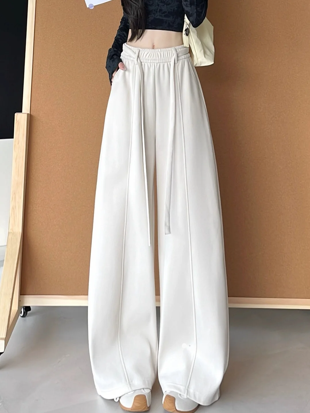 

Женские повседневные брюки с высокой талией и широкими штанинами, спортивные брюки с изогнутым кроем, зимние новые свободные брюки для похудения, маленькие размеры