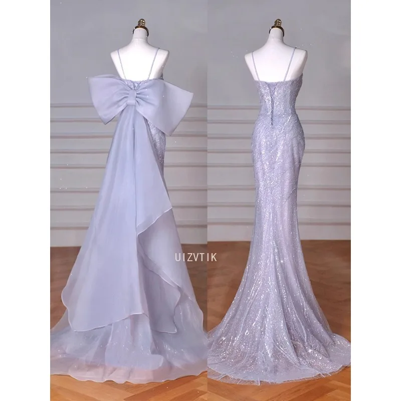 2025 New Sequin Mermaid Prom Gown Women Blue Long Evening Party Dress with Big Bow Elegant Tulle Train Wedding Dress Bride Gowns