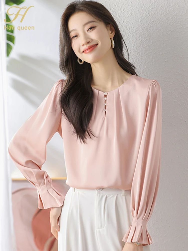 H Han Queen Spring Autumn Elegant Female Blouses Simple Office Lady Blouse Long Sleeve Tops Casual Korean OL Loose Blouses Women