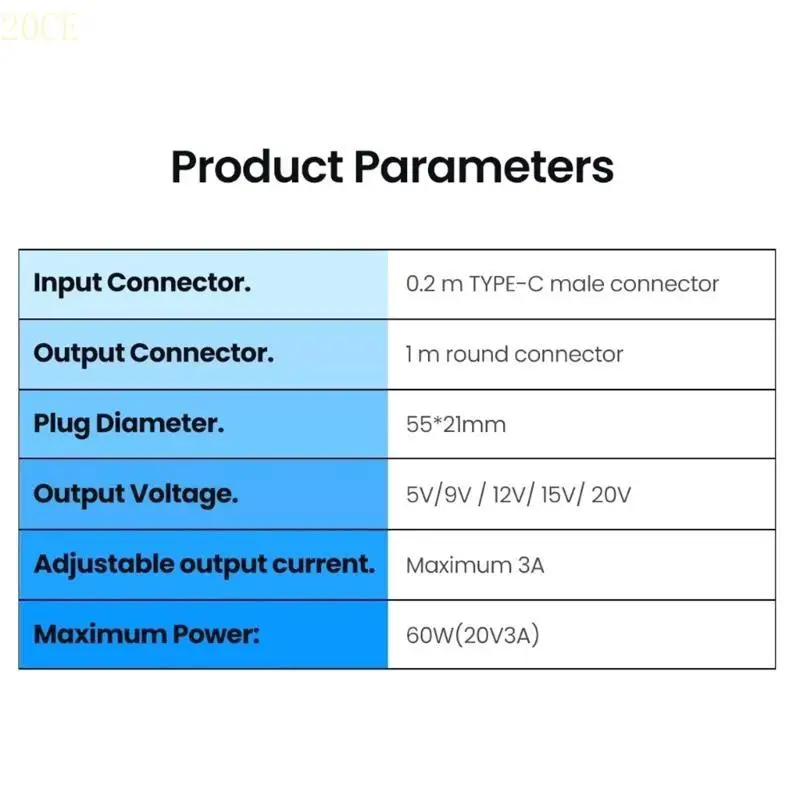 

20CE Type C PD36-100W to DC5521 Adapter Cable with Multiple Connectors Adjustable Voltages 5V-20V for Laptops and Speakers