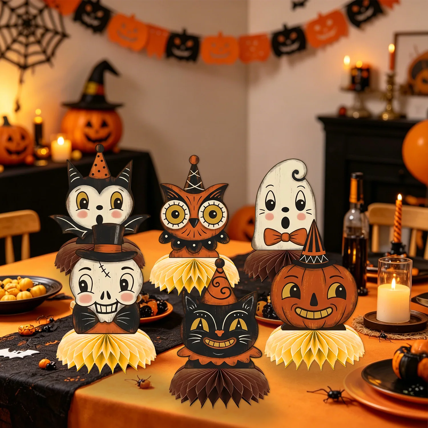 Vintage Halloween Tischdekoration Waben-Ornament Niedliche Eule Schwarze Katze Kürbis Geist Süßes oder Saures Party-Dekorationen – Detail 1