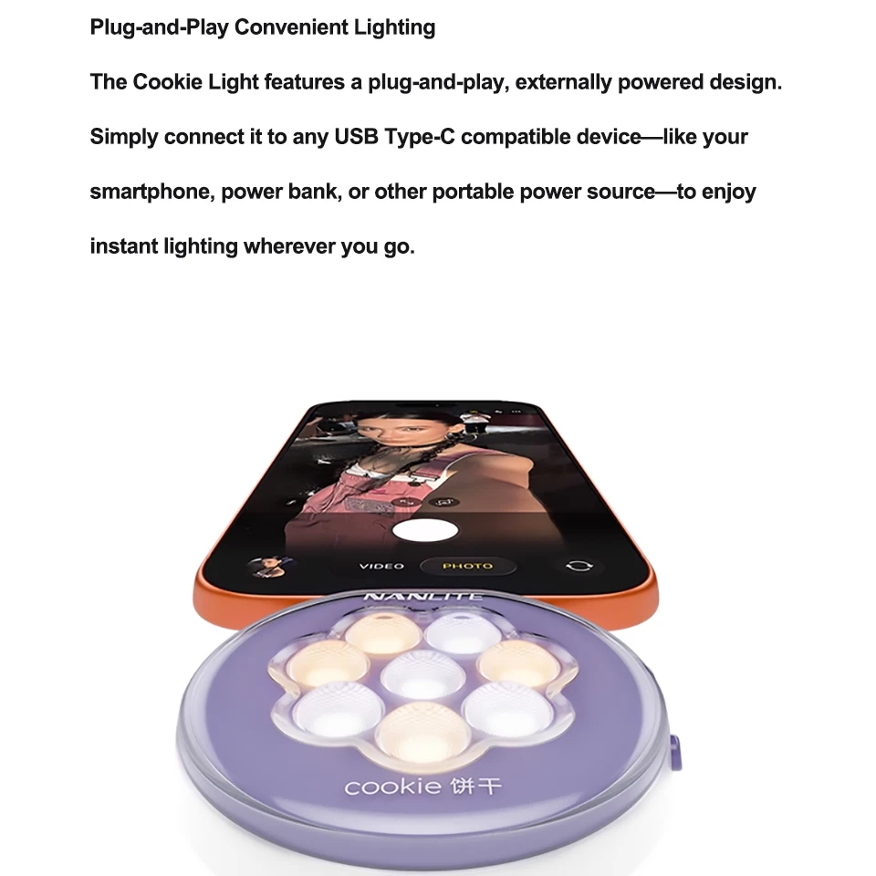 Nanlite Cookie Cookie-S 2.3w 3200-5600K ثنائي اللون صغير للتصوير الفوتوغرافي يملأ الضوء متوافق مع الهاتف الذكي Selife Fill Light
