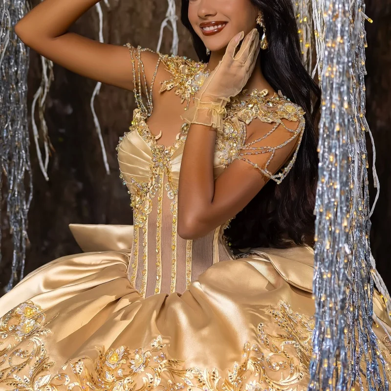 

Golden Quinceanera Dresses Off the Shoulder Glitter Decal Crystal Lace Ruffles Long tail Bow Vestido De 15 Quinceanera Customize