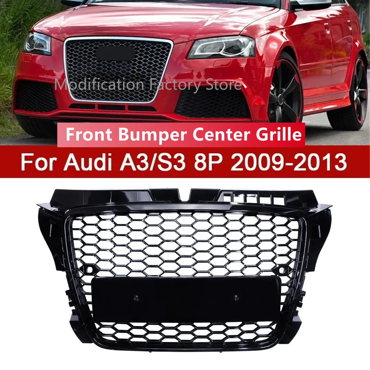 Für Audi A3 8P S3 2008-2012 RS Style Glanzschwarz Honeycomb Mesh Frontstoßstangengrill Racing Gitter Oberer Grill