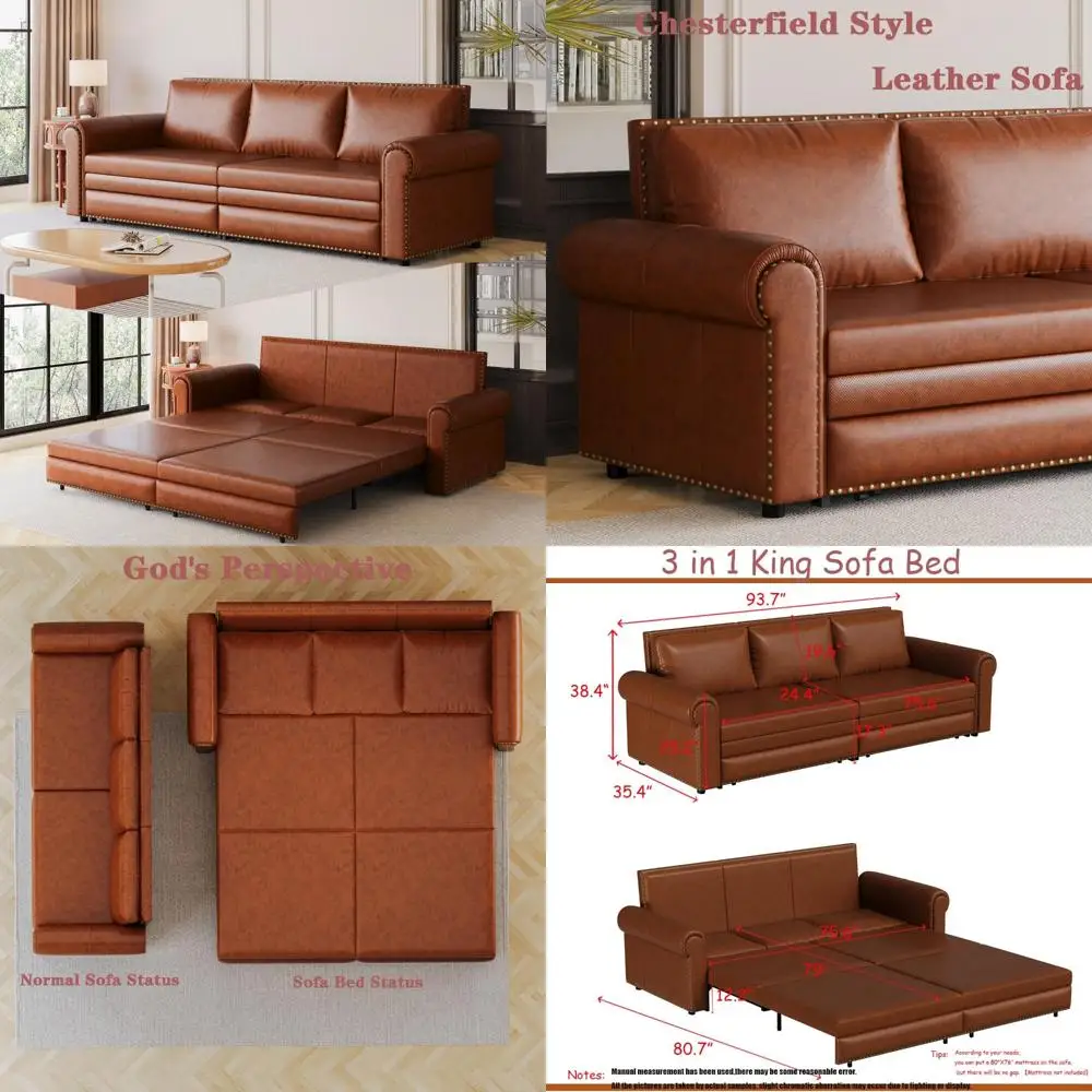 أريكة نوم من الجلد باللون البني الفاتح مقاس 3 مقاعد مع سرير قابل للسحب وميزات قابلة للتحويل 3 في 1 #1