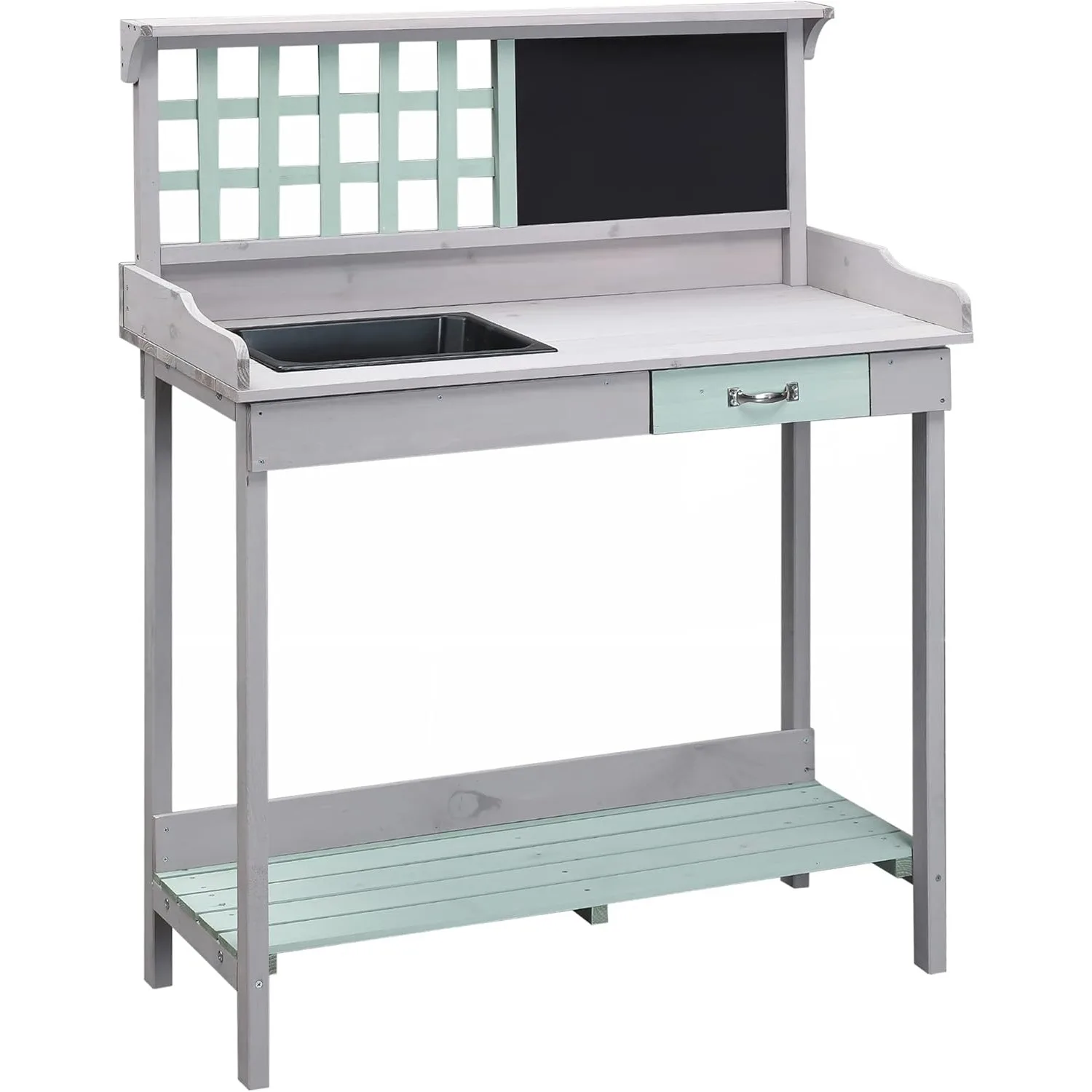 

Outdoor Wooden Potting Bench Table w/ Removable Sink, Garden Work Bench with Chalkboard, Drawer, Open Shelf Storage, Light Gray