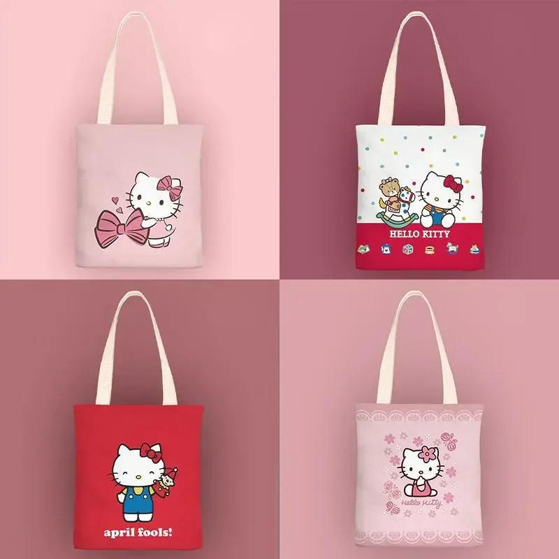 Sanrio Anime Hello Kitty Series Cartoon Canvas Bag Girls Kawaii Shopping Class Daily Versatile Single Sided No Zipper Handbag