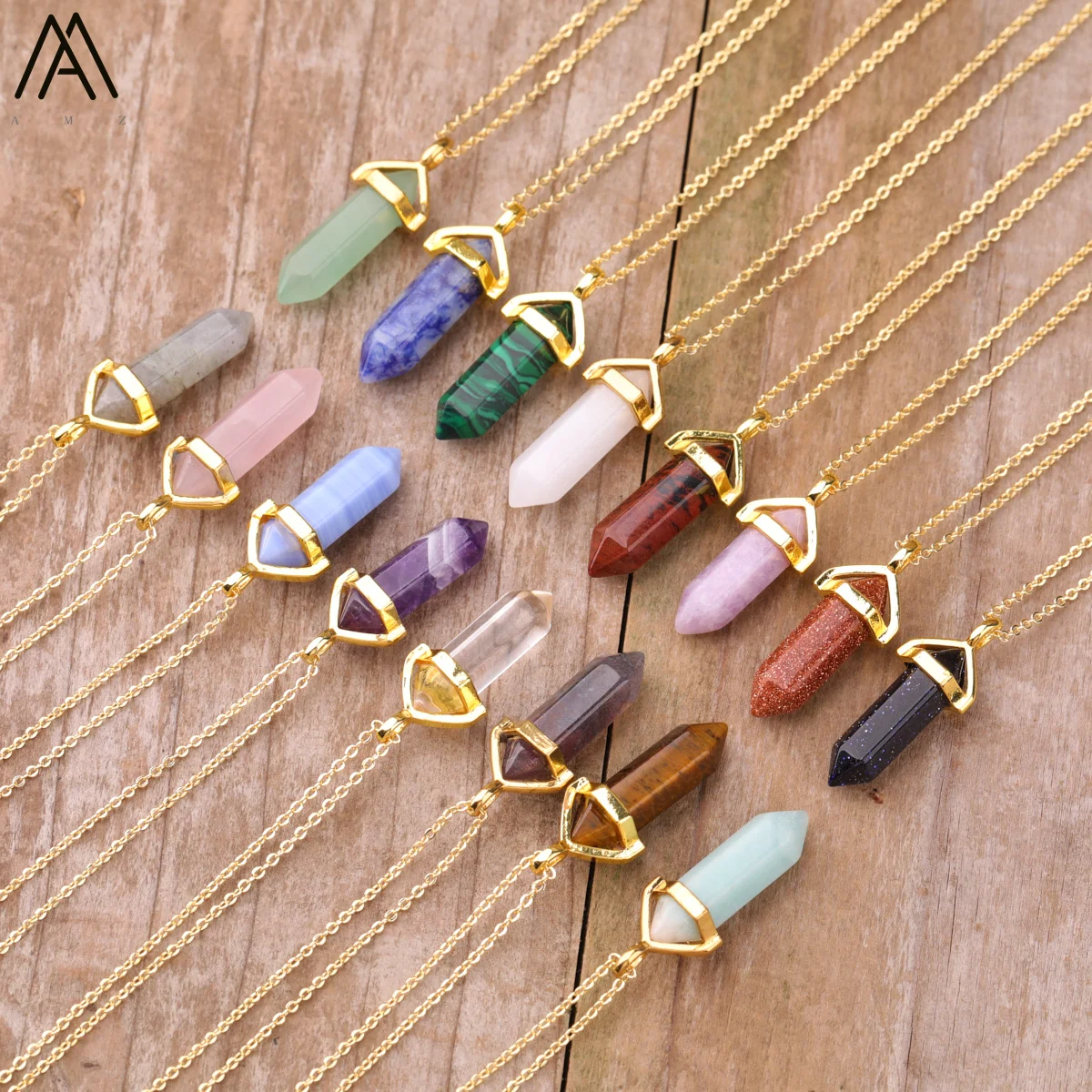 Boho Women Gemstone Double Point Pendant Gold Chains Necklace Amazonite Obsidian Stone Simple Necklace Party Jewelry Gift Bijoux