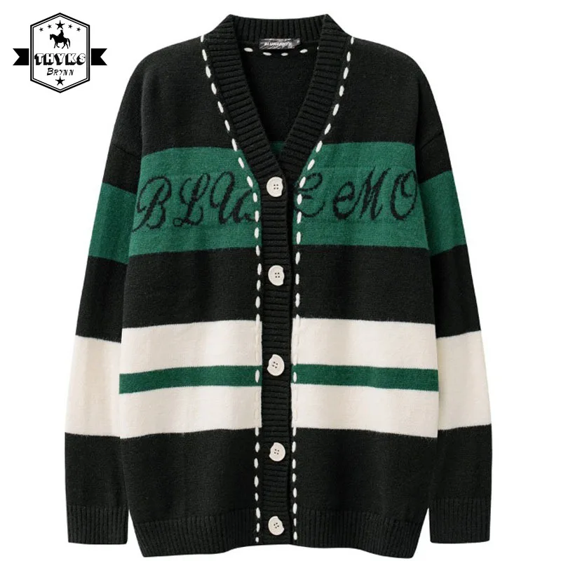 Stripe Cardigan for Men Vintage Patchwork Casual Single Breasted Loose Knitted Sweater Men Autumn Color Block Sweater Unisex